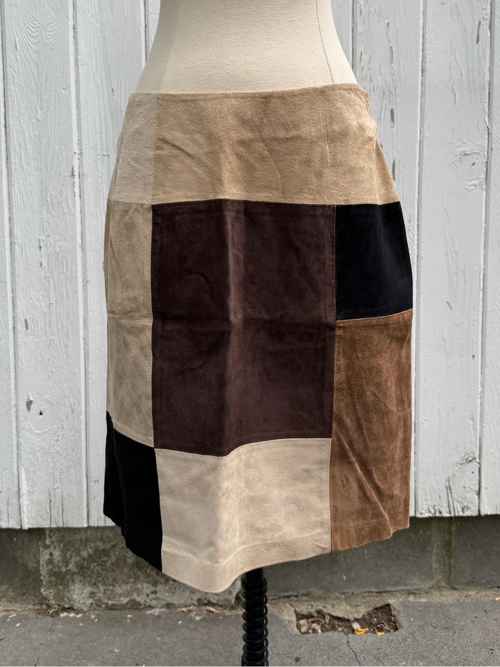Alfani Patchwork Suede Midi Skirt in Brown, Cream & Black